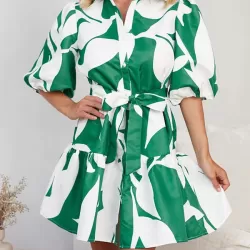 Contrast Color Floral Floral Printed Pleated Tied Waist Loose Puff Sleeves Lapel Shirt Dress Mini Dresses