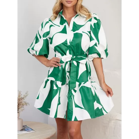 Contrast Color Floral Floral Printed Pleated Tied Waist Loose Puff Sleeves Lapel Shirt Dress Mini Dresses Contrast Color Floral Floral Printed Pleated Tied Waist Loose Puff Sleeves Lapel Shirt Dress Mini Dresses