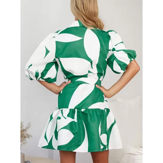Contrast Color Floral Floral Printed Pleated Tied Waist Loose Puff Sleeves Lapel Shirt Dress Mini Dresses Contrast Color Floral Floral Printed Pleated Tied Waist Loose Puff Sleeves Lapel Shirt Dress Mini Dresses