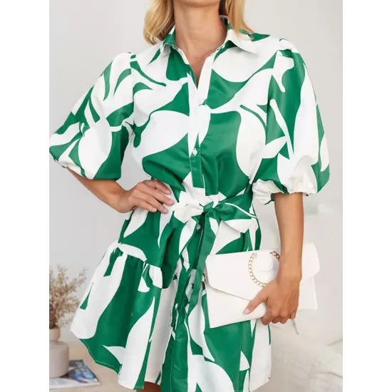 Contrast Color Floral Floral Printed Pleated Tied Waist Loose Puff Sleeves Lapel Shirt Dress Mini Dresses Contrast Color Floral Floral Printed Pleated Tied Waist Loose Puff Sleeves Lapel Shirt Dress Mini Dresses
