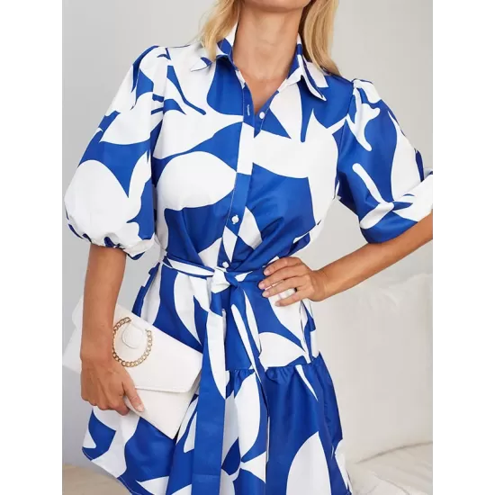 Contrast Color Floral Floral Printed Pleated Tied Waist Loose Puff Sleeves Lapel Shirt Dress Mini Dresses Contrast Color Floral Floral Printed Pleated Tied Waist Loose Puff Sleeves Lapel Shirt Dress Mini Dresses