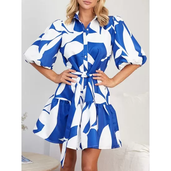 Contrast Color Floral Floral Printed Pleated Tied Waist Loose Puff Sleeves Lapel Shirt Dress Mini Dresses Contrast Color Floral Floral Printed Pleated Tied Waist Loose Puff Sleeves Lapel Shirt Dress Mini Dresses