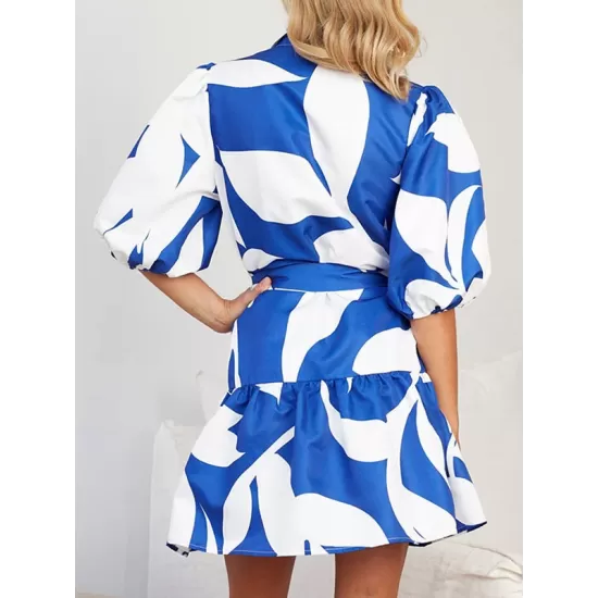 Contrast Color Floral Floral Printed Pleated Tied Waist Loose Puff Sleeves Lapel Shirt Dress Mini Dresses Contrast Color Floral Floral Printed Pleated Tied Waist Loose Puff Sleeves Lapel Shirt Dress Mini Dresses