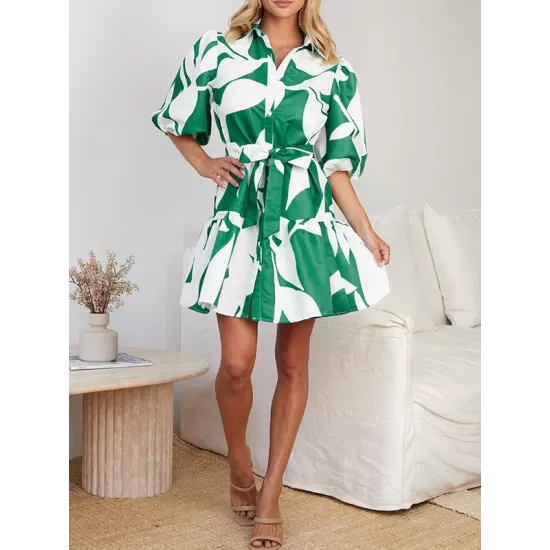 Contrast Color Floral Floral Printed Pleated Tied Waist Loose Puff Sleeves Lapel Shirt Dress Mini Dresses Contrast Color Floral Floral Printed Pleated Tied Waist Loose Puff Sleeves Lapel Shirt Dress Mini Dresses