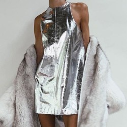 Shiny Solid Color Zipper A-line Loose Round-neck Mini Dresses