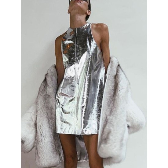 Shiny Solid Color Zipper A-line Loose Round-neck Mini Dresses Shiny Solid Color Zipper A-line Loose Round-neck Mini Dresses