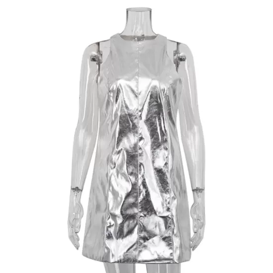 Shiny Solid Color Zipper A-line Loose Round-neck Mini Dresses Shiny Solid Color Zipper A-line Loose Round-neck Mini Dresses