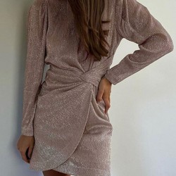 Knot Shiny Solid Color Zipper Bodycon High Waisted Round-Neck Mini Dresses
