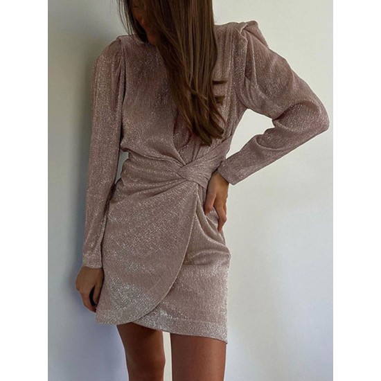 Knot Shiny Solid Color Zipper Bodycon High Waisted Round-Neck Mini Dresses Knot Shiny Solid Color Zipper Bodycon High Waisted Round-Neck Mini Dresses