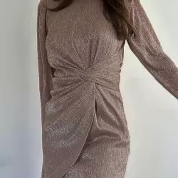 Knot Shiny Solid Color Zipper Bodycon High Waisted Round-Neck Mini Dresses