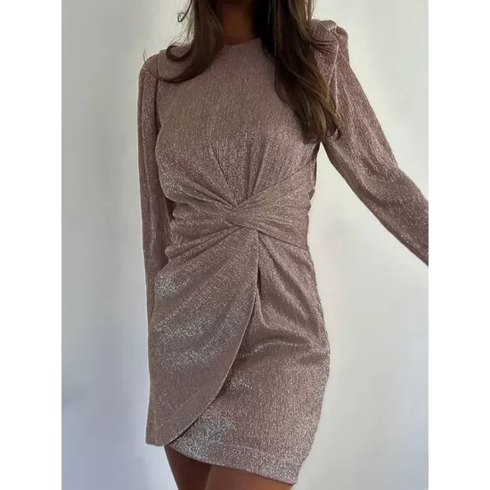 Knot Shiny Solid Color Zipper Bodycon High Waisted Round-Neck Mini Dresses Knot Shiny Solid Color Zipper Bodycon High Waisted Round-Neck Mini Dresses