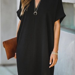Solid Color High Waisted Loose V-Neck Mini Dresses