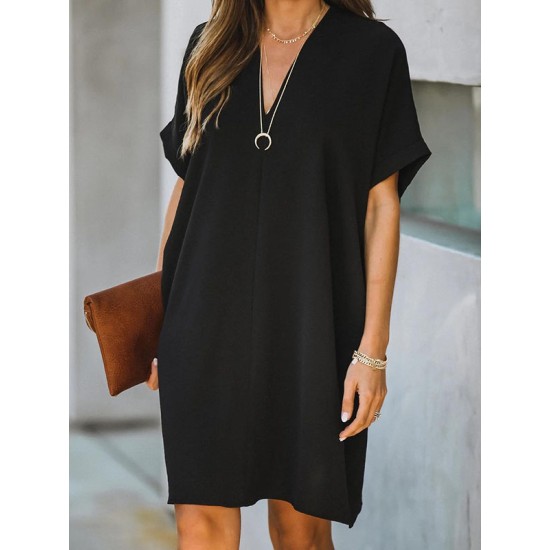 Solid Color High Waisted Loose V-Neck Mini Dresses Solid Color High Waisted Loose V-Neck Mini Dresses