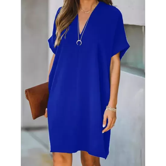 Solid Color High Waisted Loose V-Neck Mini Dresses Solid Color High Waisted Loose V-Neck Mini Dresses