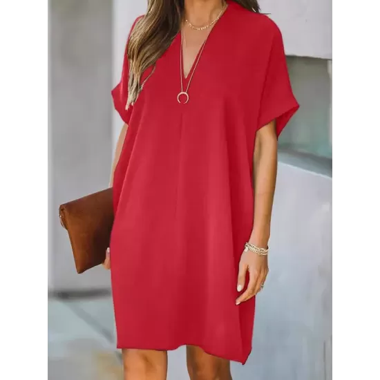 Solid Color High Waisted Loose V-Neck Mini Dresses Solid Color High Waisted Loose V-Neck Mini Dresses