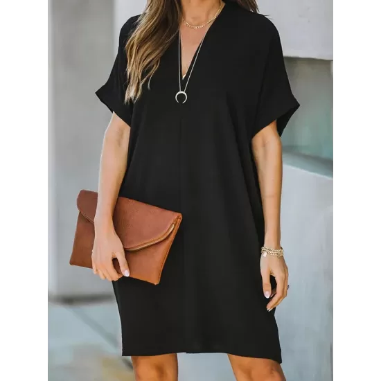 Solid Color High Waisted Loose V-Neck Mini Dresses Solid Color High Waisted Loose V-Neck Mini Dresses