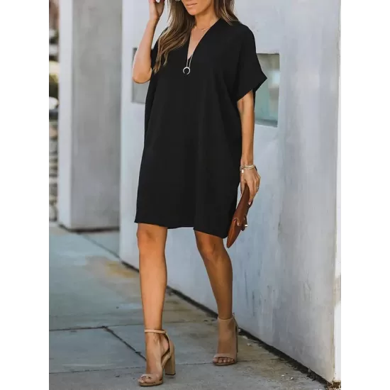 Solid Color High Waisted Loose V-Neck Mini Dresses Solid Color High Waisted Loose V-Neck Mini Dresses