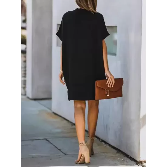 Solid Color High Waisted Loose V-Neck Mini Dresses Solid Color High Waisted Loose V-Neck Mini Dresses