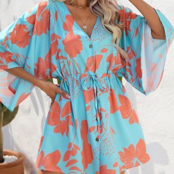 Buttoned Drawstring Flower Print A-Line Half Sleeves V-Neck Mini Dresses