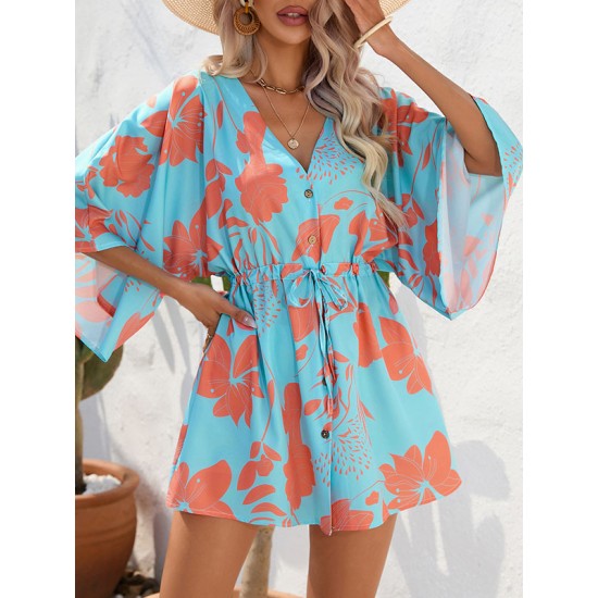 Buttoned Drawstring Flower Print A-Line Half Sleeves V-Neck Mini Dresses Buttoned Drawstring Flower Print A-Line Half Sleeves V-Neck Mini Dresses