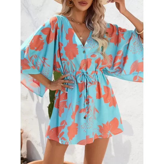 Buttoned Drawstring Flower Print A-Line Half Sleeves V-Neck Mini Dresses Buttoned Drawstring Flower Print A-Line Half Sleeves V-Neck Mini Dresses