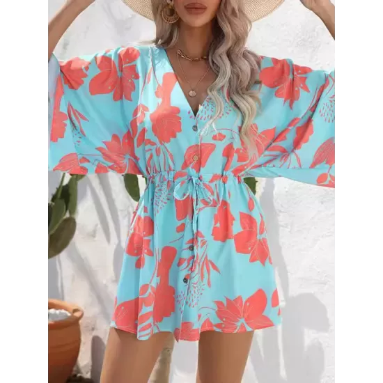 Buttoned Drawstring Flower Print A-Line Half Sleeves V-Neck Mini Dresses Buttoned Drawstring Flower Print A-Line Half Sleeves V-Neck Mini Dresses