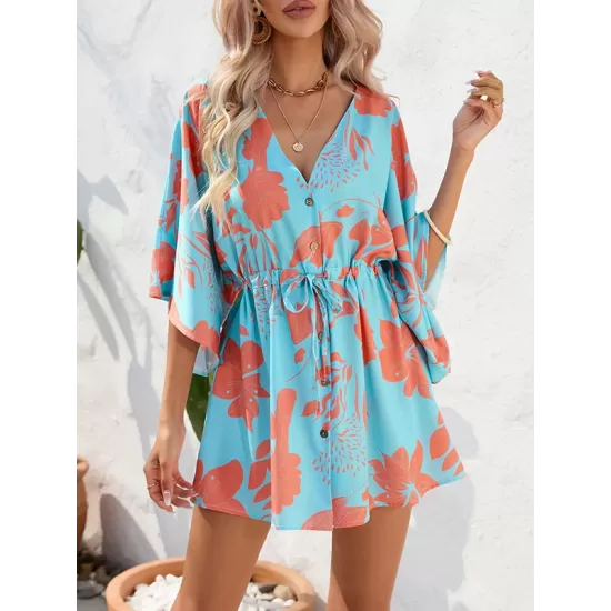 Buttoned Drawstring Flower Print A-Line Half Sleeves V-Neck Mini Dresses Buttoned Drawstring Flower Print A-Line Half Sleeves V-Neck Mini Dresses