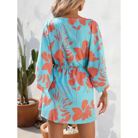 Buttoned Drawstring Flower Print A-Line Half Sleeves V-Neck Mini Dresses Buttoned Drawstring Flower Print A-Line Half Sleeves V-Neck Mini Dresses