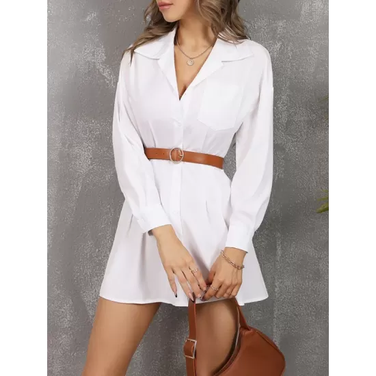 Buttoned No Belt Pleated Pockets Solid Color A-Line High Waisted Notched Collar Shirt Dress Mini Dresses Buttoned No Belt Pleated Pockets Solid Color A-Line High Waisted Notched Collar Shirt Dress Mini Dresses