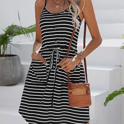 Buttoned Contrast Color Drawstring Pockets Striped A-Line Loose Spaghetti-Neck Mini Dresses