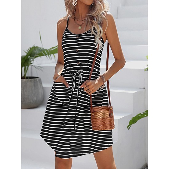 Buttoned Contrast Color Drawstring Pockets Striped A-Line Loose Spaghetti-Neck Mini Dresses Buttoned Contrast Color Drawstring Pockets Striped A-Line Loose Spaghetti-Neck Mini Dresses