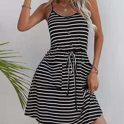 Buttoned Contrast Color Drawstring Pockets Striped A-Line Loose Spaghetti-Neck Mini Dresses