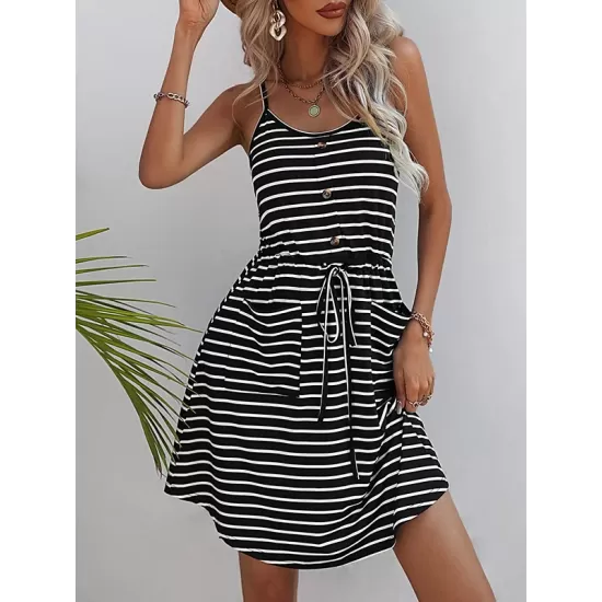 Buttoned Contrast Color Drawstring Pockets Striped A-Line Loose Spaghetti-Neck Mini Dresses Buttoned Contrast Color Drawstring Pockets Striped A-Line Loose Spaghetti-Neck Mini Dresses