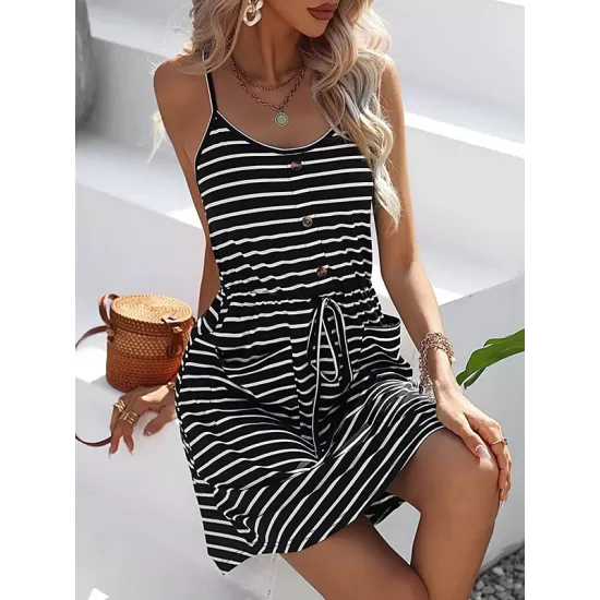 Buttoned Contrast Color Drawstring Pockets Striped A-Line Loose Spaghetti-Neck Mini Dresses Buttoned Contrast Color Drawstring Pockets Striped A-Line Loose Spaghetti-Neck Mini Dresses