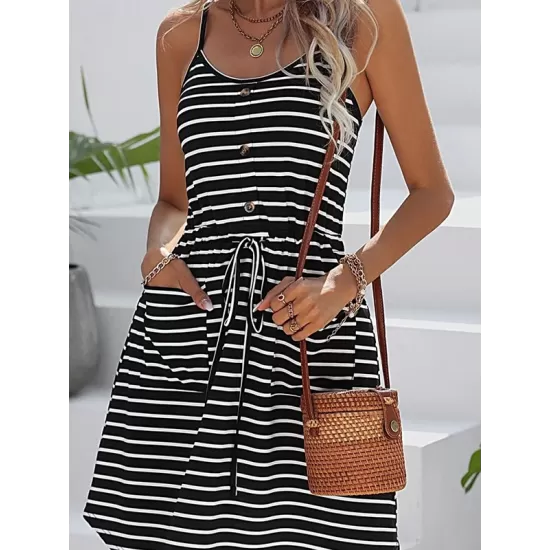 Buttoned Contrast Color Drawstring Pockets Striped A-Line Loose Spaghetti-Neck Mini Dresses Buttoned Contrast Color Drawstring Pockets Striped A-Line Loose Spaghetti-Neck Mini Dresses
