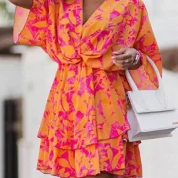 Double Layered Elasticity Printed A-Line High Waisted V-Neck Mini Dresses