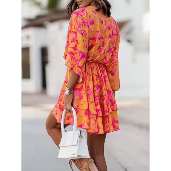 Double Layered Elasticity Printed A-Line High Waisted V-Neck Mini Dresses Double Layered Elasticity Printed A-Line High Waisted V-Neck Mini Dresses