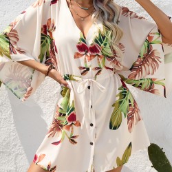 Buttoned Drawstring Leaves Print A-Line Half Sleeves V-Neck Mini Dresses