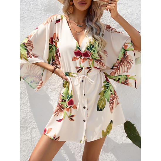 Buttoned Drawstring Leaves Print A-Line Half Sleeves V-Neck Mini Dresses Buttoned Drawstring Leaves Print A-Line Half Sleeves V-Neck Mini Dresses