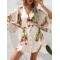 Buttoned Drawstring Leaves Print A-Line Half Sleeves V-Neck Mini Dresses