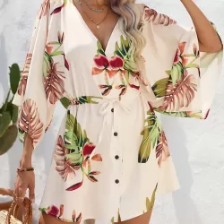 Buttoned Drawstring Leaves Print A-Line Half Sleeves V-Neck Mini Dresses