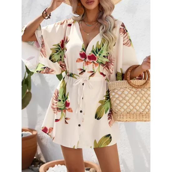 Buttoned Drawstring Leaves Print A-Line Half Sleeves V-Neck Mini Dresses Buttoned Drawstring Leaves Print A-Line Half Sleeves V-Neck Mini Dresses