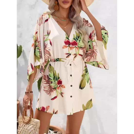 Buttoned Drawstring Leaves Print A-Line Half Sleeves V-Neck Mini Dresses Buttoned Drawstring Leaves Print A-Line Half Sleeves V-Neck Mini Dresses