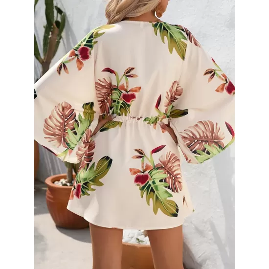 Buttoned Drawstring Leaves Print A-Line Half Sleeves V-Neck Mini Dresses Buttoned Drawstring Leaves Print A-Line Half Sleeves V-Neck Mini Dresses