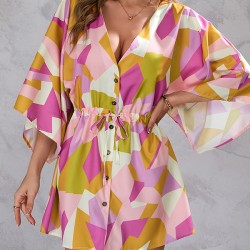 Buttoned Drawstring Printed A-Line Half Sleeves V-Neck Mini Dresses
