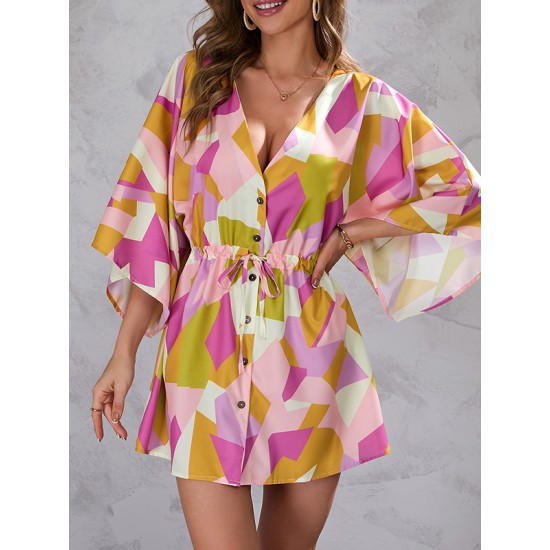 Buttoned Drawstring Printed A-Line Half Sleeves V-Neck Mini Dresses Buttoned Drawstring Printed A-Line Half Sleeves V-Neck Mini Dresses
