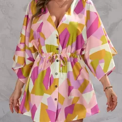 Buttoned Drawstring Printed A-Line Half Sleeves V-Neck Mini Dresses