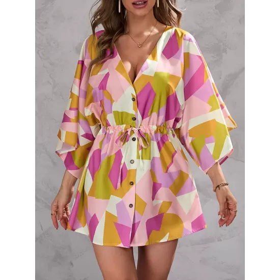 Buttoned Drawstring Printed A-Line Half Sleeves V-Neck Mini Dresses Buttoned Drawstring Printed A-Line Half Sleeves V-Neck Mini Dresses