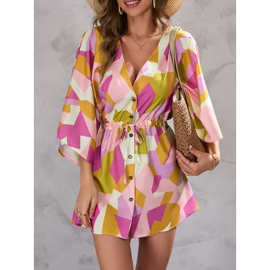 Buttoned Drawstring Printed A-Line Half Sleeves V-Neck Mini Dresses Buttoned Drawstring Printed A-Line Half Sleeves V-Neck Mini Dresses