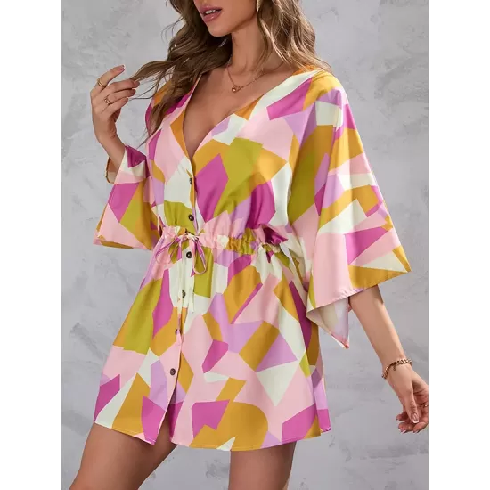 Buttoned Drawstring Printed A-Line Half Sleeves V-Neck Mini Dresses Buttoned Drawstring Printed A-Line Half Sleeves V-Neck Mini Dresses